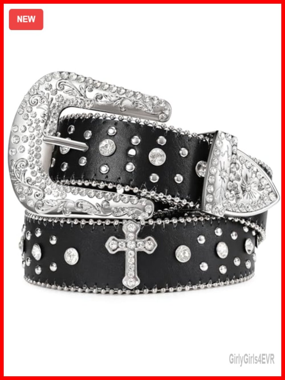 Rhinestone Studded Western Belt PU Leather Detachable Buckle